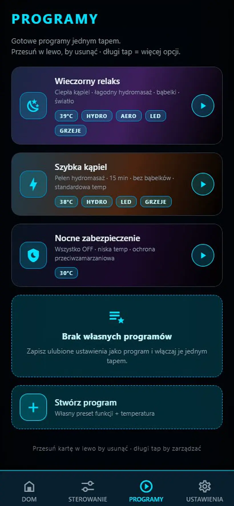 Aplikacja AquaControl: ekran gotowe programy