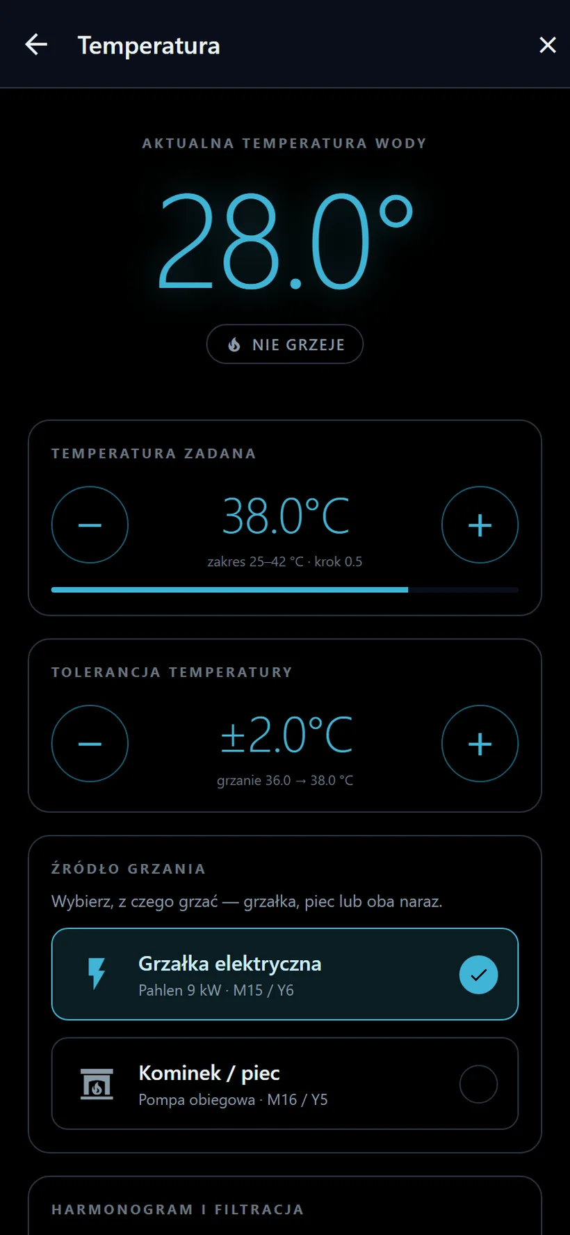 Aplikacja AquaControl: ekran temperatura na żywo